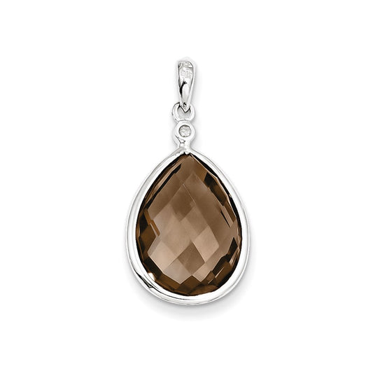 Sterling Silver Rhodium Plated Diamond Smoky Quartz Pendant