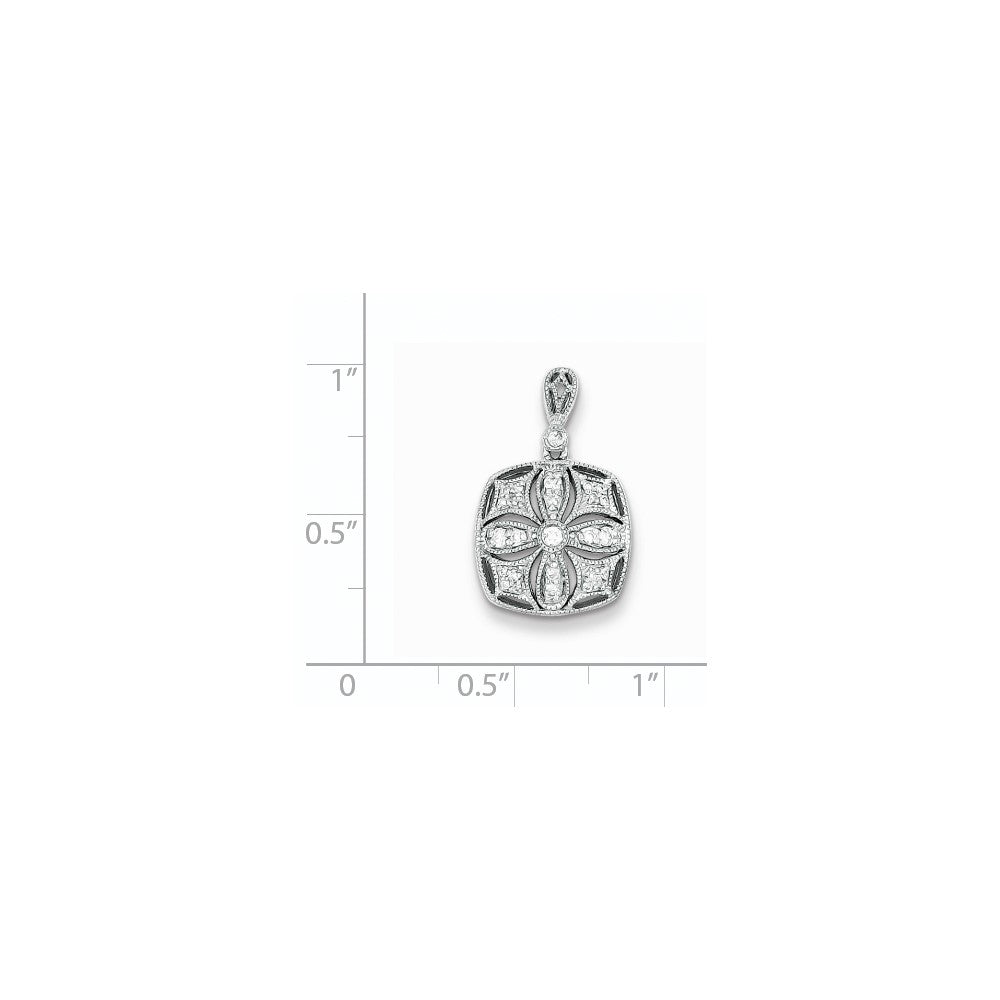 Sterling Silver Rhodium Plated Diamond Square with Flower Pendant