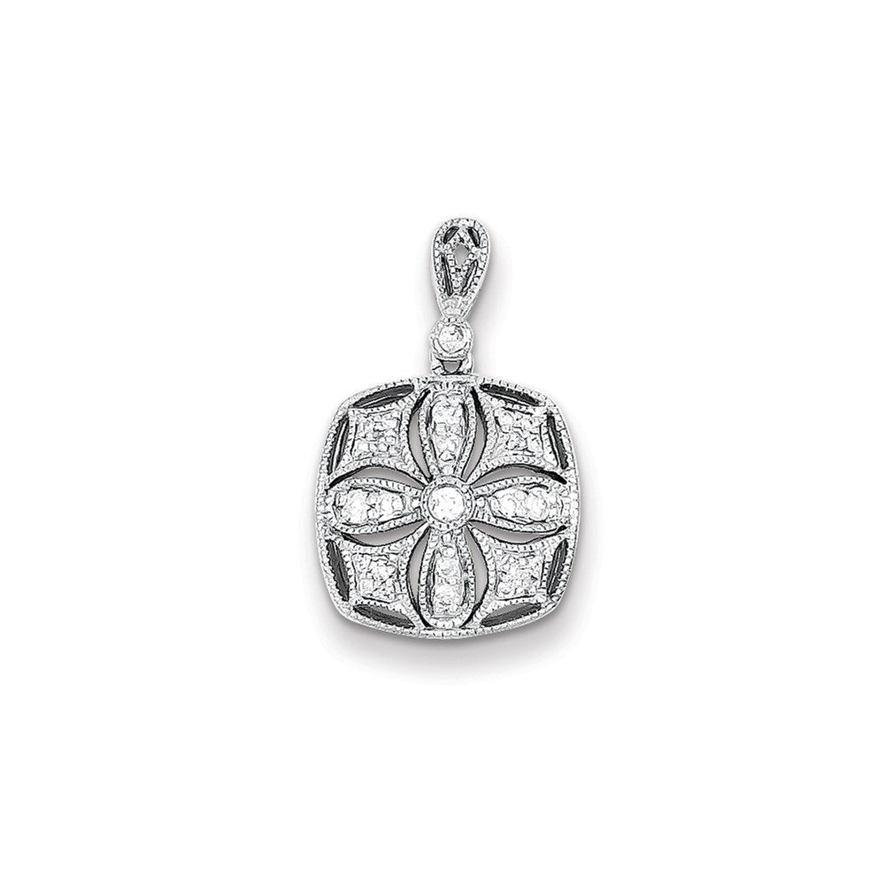 Sterling Silver Rhodium Plated Diamond Square with Flower Pendant