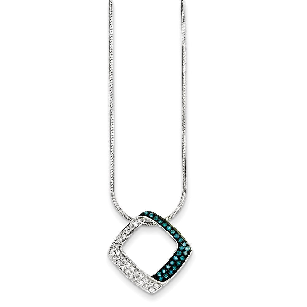 Sterling Silver White & Blue Diamond Square Pendant Slide