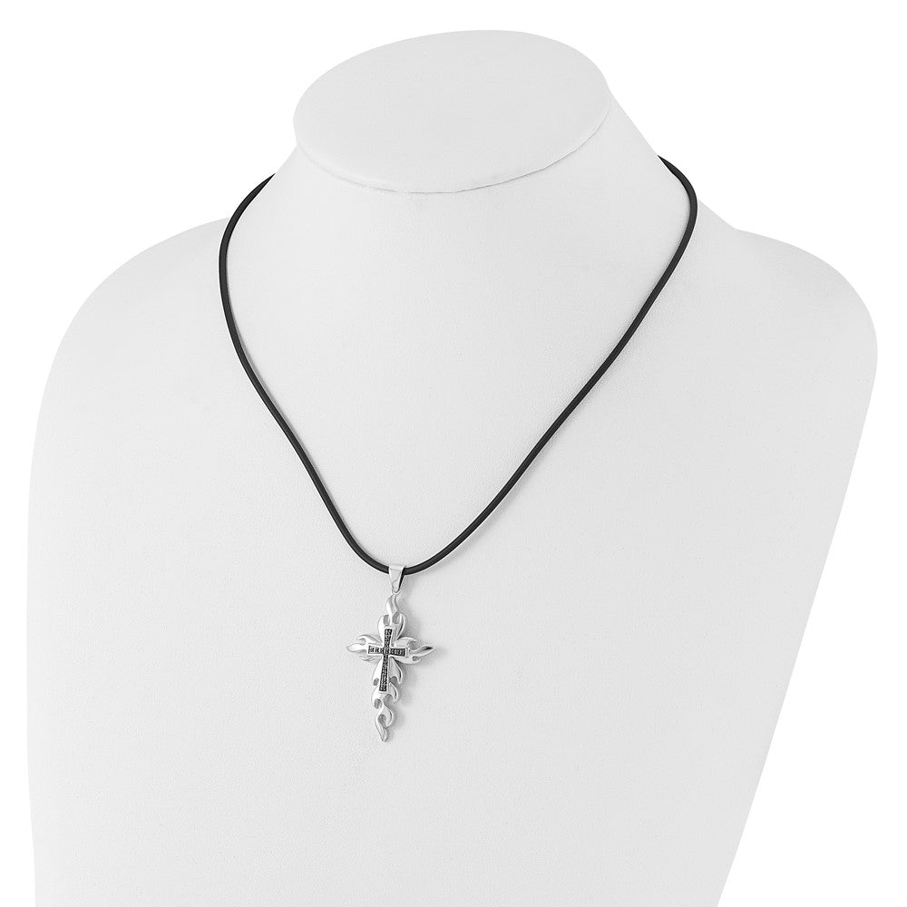 White Night Sterling Silver Rhodium-plated Black Diamond Cross 18 Inch Rubber Cord Necklace