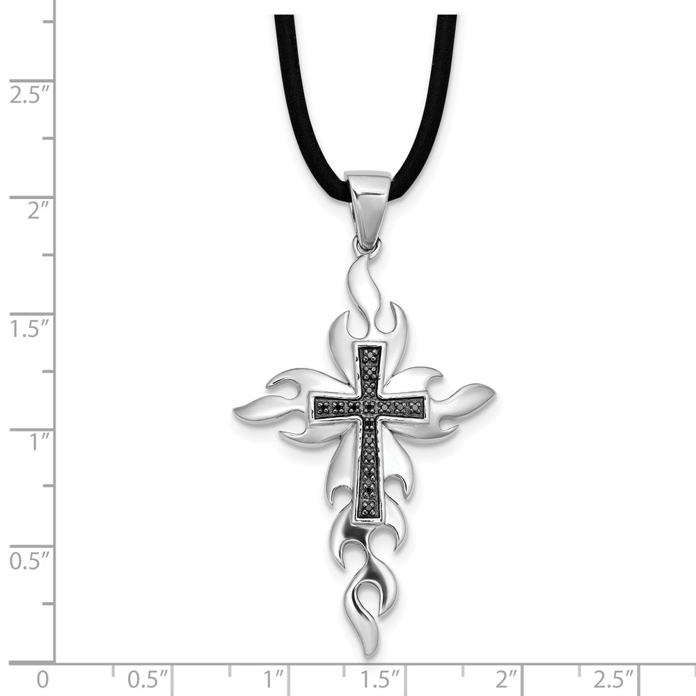 White Night Sterling Silver Rhodium-plated Black Diamond Cross 18 Inch Rubber Cord Necklace