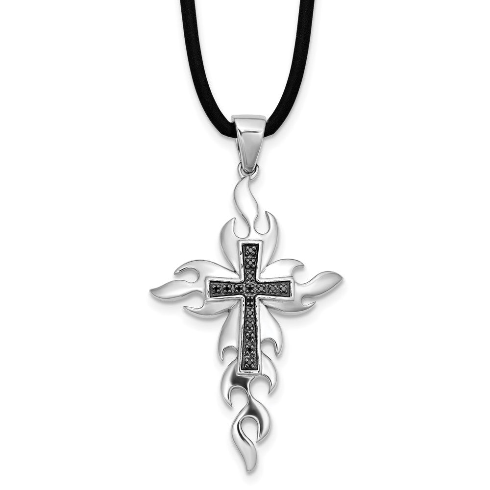 White Night Sterling Silver Rhodium-plated Black Diamond Cross 18 Inch Rubber Cord Necklace