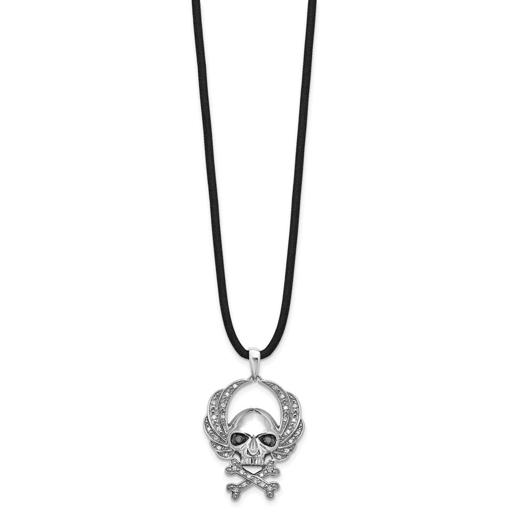 White Night Sterling Silver Rhodium-plated Black and White Diamond Skull 18 Inch Rubber Cord Necklace