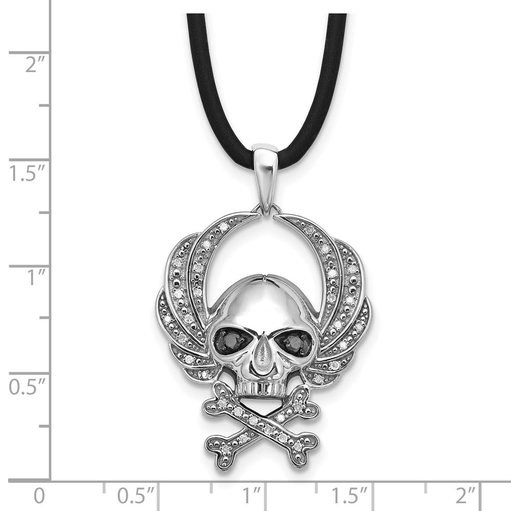 White Night Sterling Silver Rhodium-plated Black and White Diamond Skull 18 Inch Rubber Cord Necklace