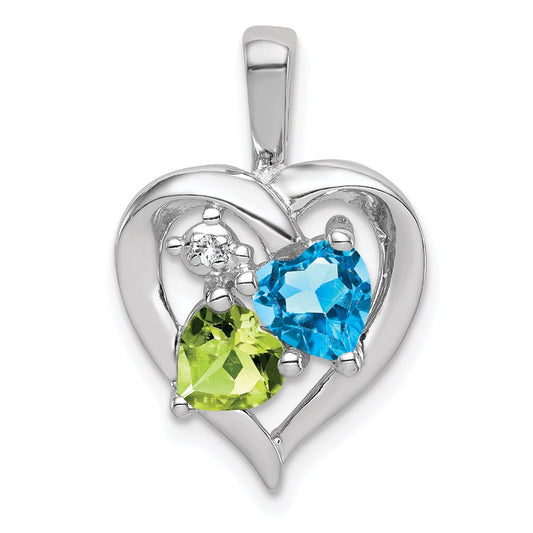 Sterling Silver Rhodium-plated Blue Topaz Peridot Diamond Pendant