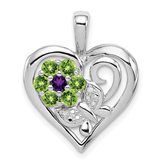 Sterling Silver Rhodium-plated Amethyst and Peridot Diamond Pendant