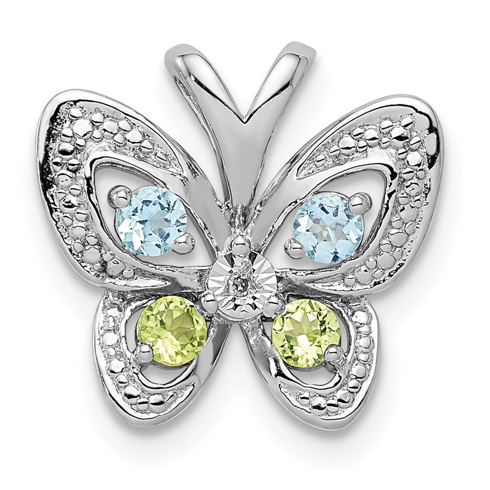 Sterling Silver Rhodium-plated Blue Topaz & Peridot & Diamond Pendant