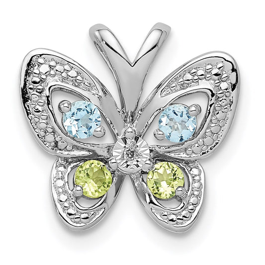 Sterling Silver Rhodium-plated Blue Topaz & Peridot & Diamond Pendant