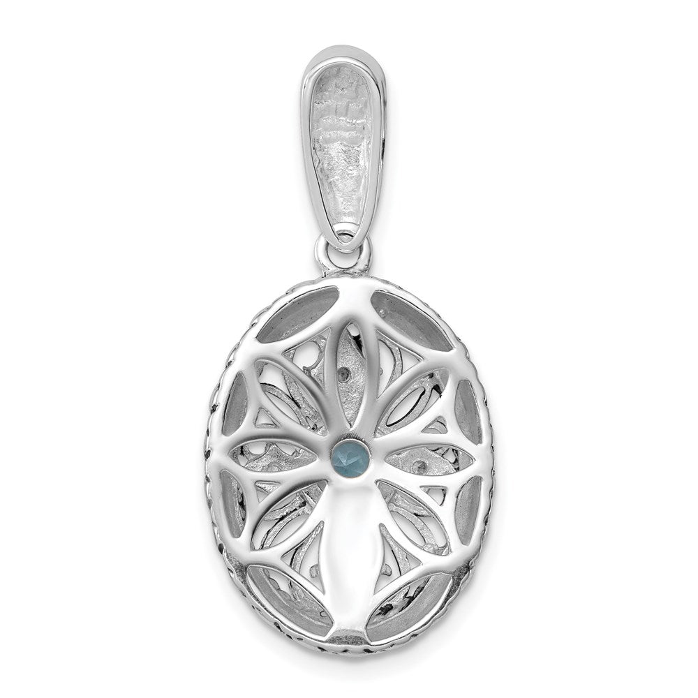 Sterling Silver Rhodium w/14k Accent Blue Topaz & CZ Oval Pendant