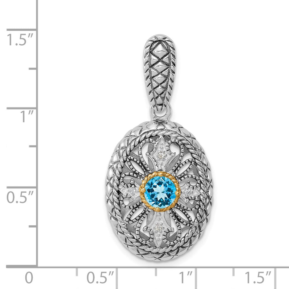 Sterling Silver Rhodium w/14k Accent Blue Topaz & CZ Oval Pendant