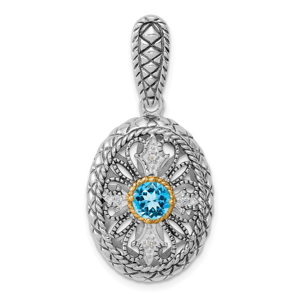 Sterling Silver Rhodium w/14k Accent Blue Topaz & CZ Oval Pendant