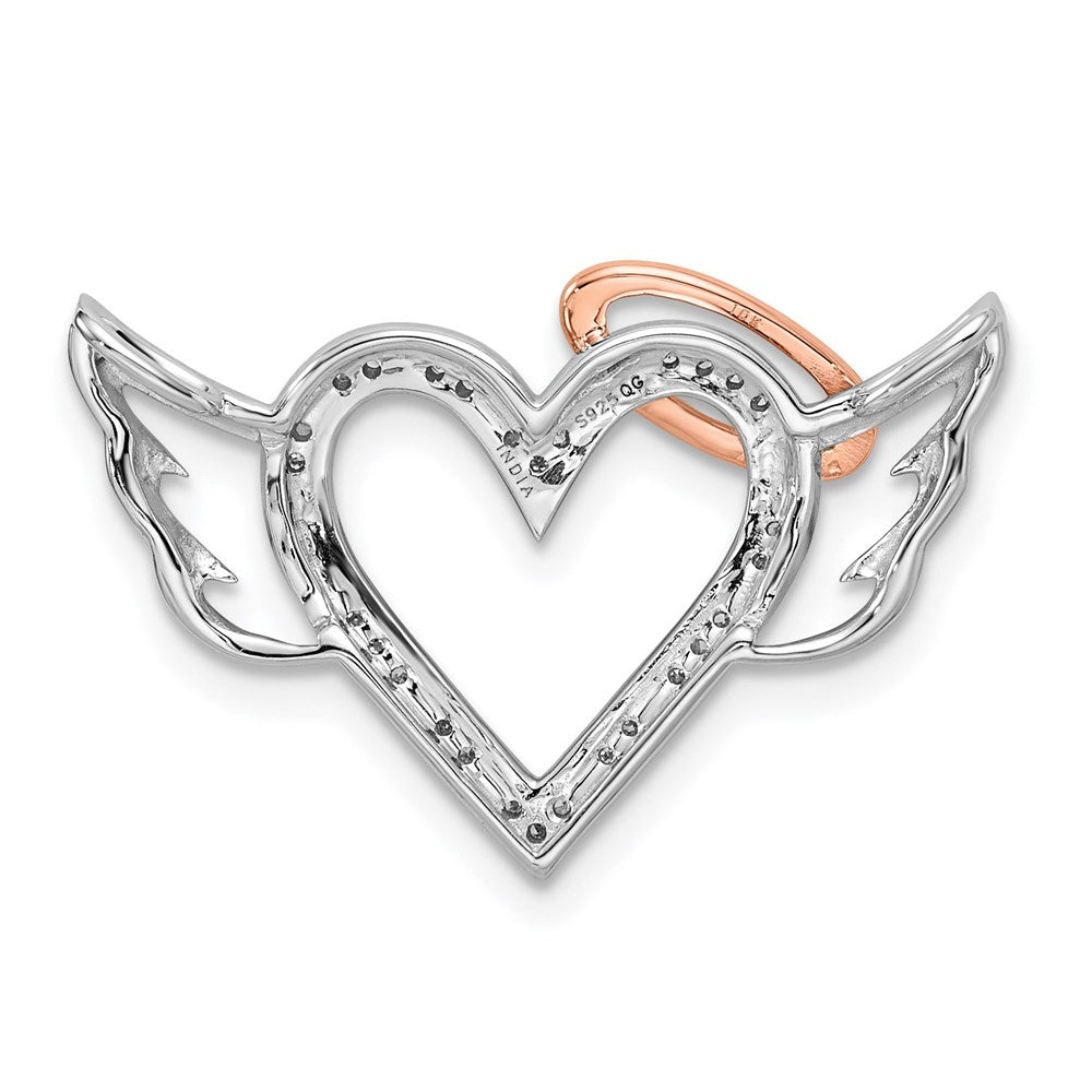 Sterling Silver Rhodium W/10K Rose Gold Dia. Heart/Wings Slide Pendant