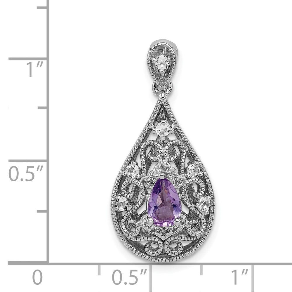 Sterling Silver Rhodium-plated Amethyst & White Topaz Teardrop Pendant