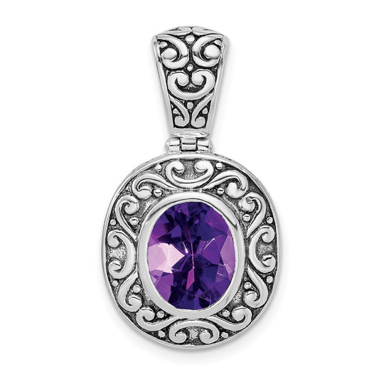 Sterling Silver Antiqued Oval Amethyst Pendant