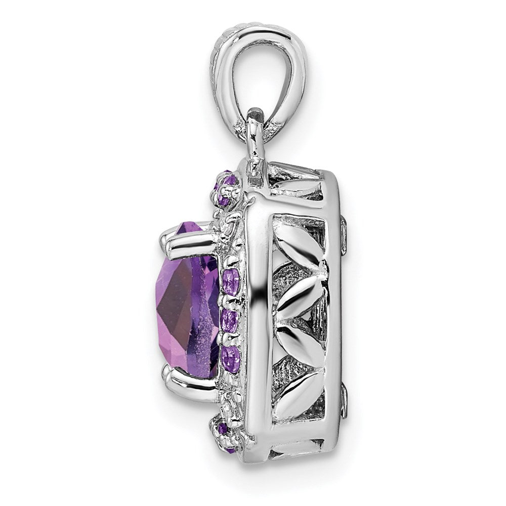 Sterling Silver Rhodium-plated Diamond and Amethyst Square Pendant