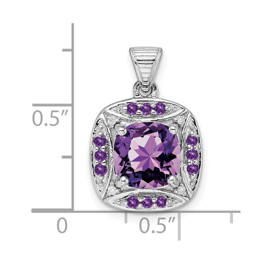 Sterling Silver Rhodium-plated Diamond and Amethyst Square Pendant