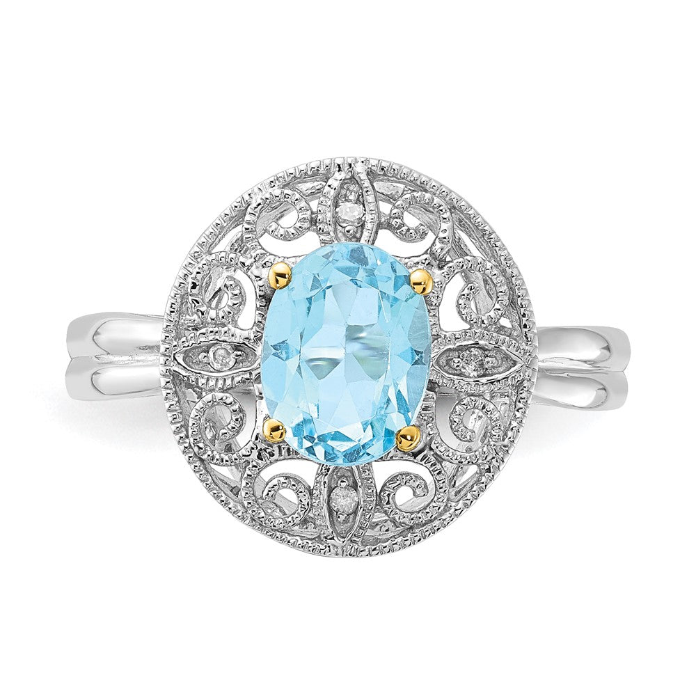 Sterling Silver & 14K Accent Sky Blue Topaz & Diamond Oval Ring