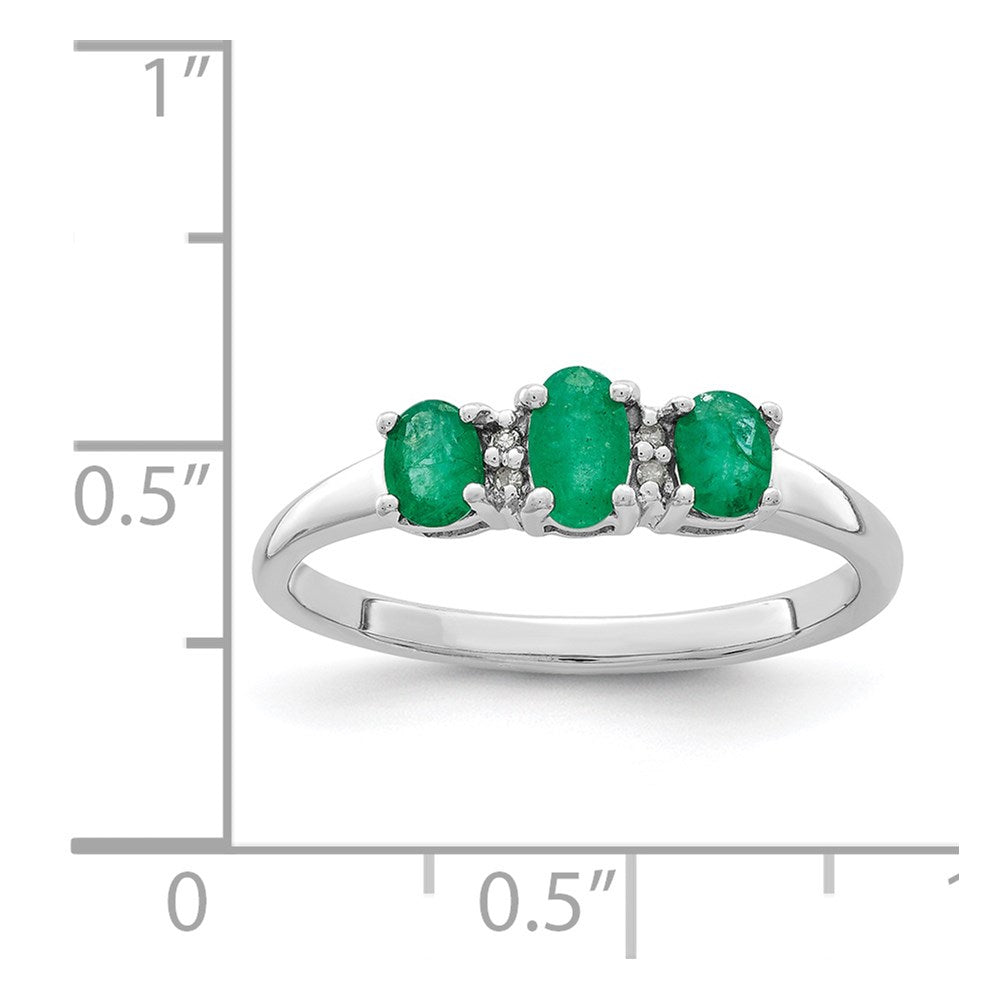 Sterling Silver Rhodium-plated Emerald 3 Stone and Diamond Ring