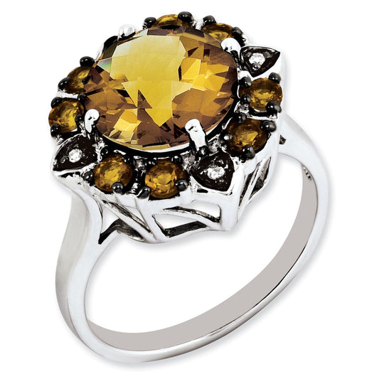 Sterling Silver Citrine, Whiskey Quartz & Diamond Ring