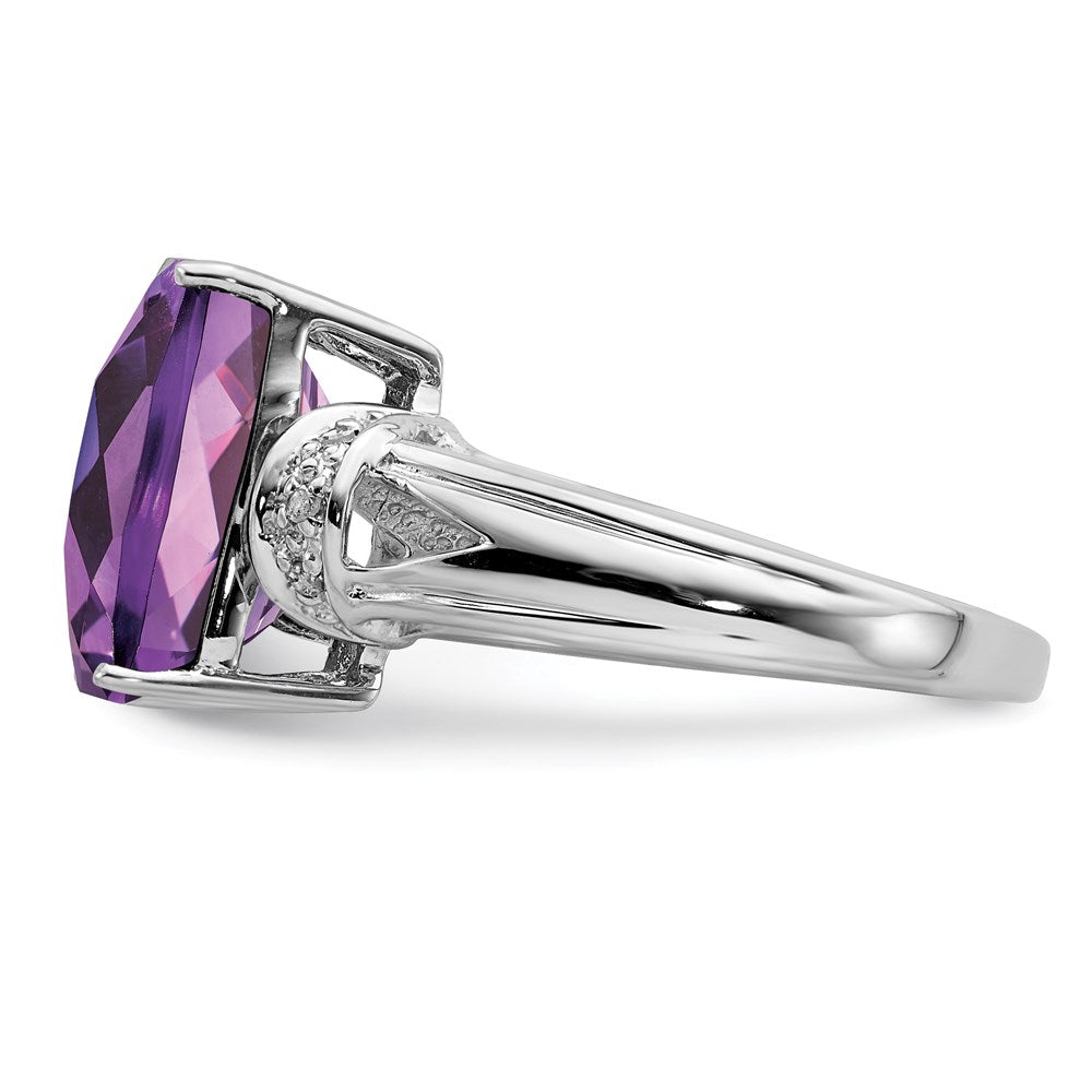 Sterling Silver Rhodium-plated Checker-Cut Amethyst & Diamond Ring