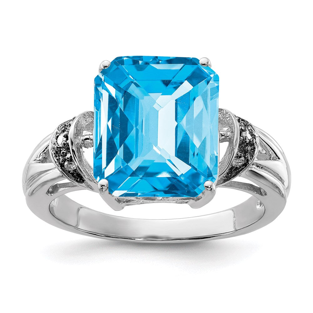 Sterling Silver Rhodium Checker-Cut Swiss Blue Topaz & Diamond Ring