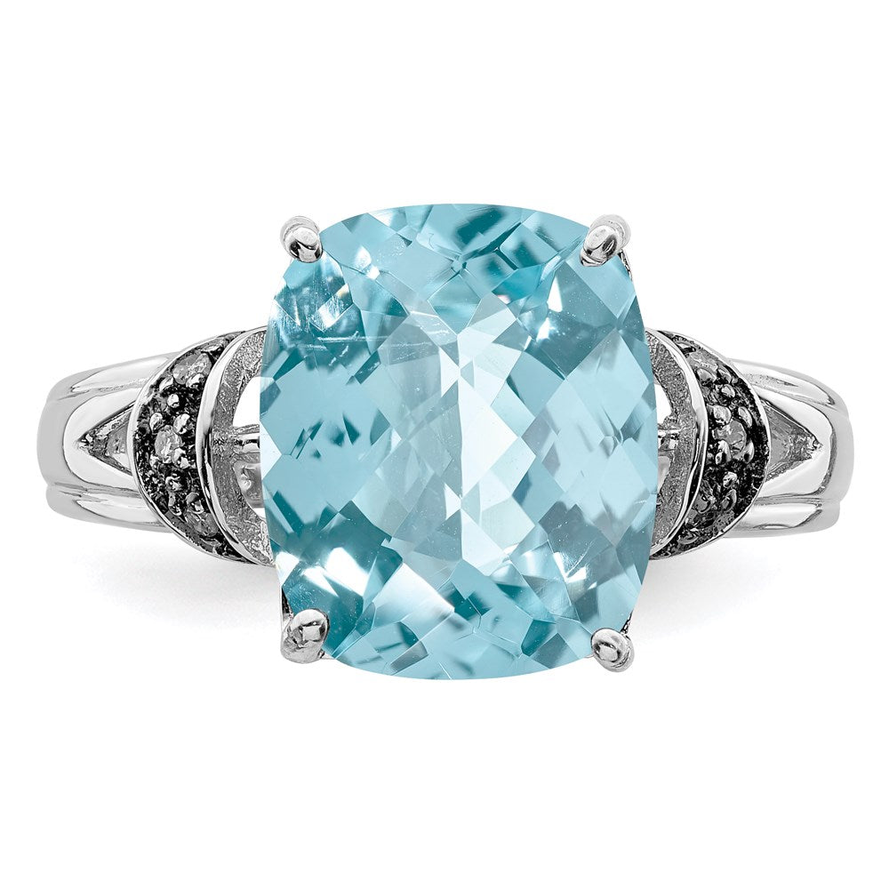 Sterling Silver Rhodium Checker-Cut Sky Blue Topaz & Diamond Ring