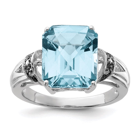 Sterling Silver Rhodium Checker-Cut Sky Blue Topaz & Diamond Ring