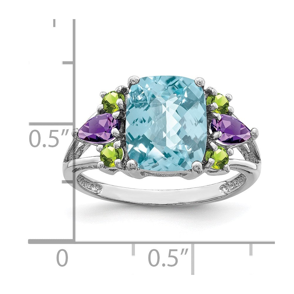 Sterling Silver Rhodium Light Swiss Blue Topaz, Amethyst & Peridot Ring