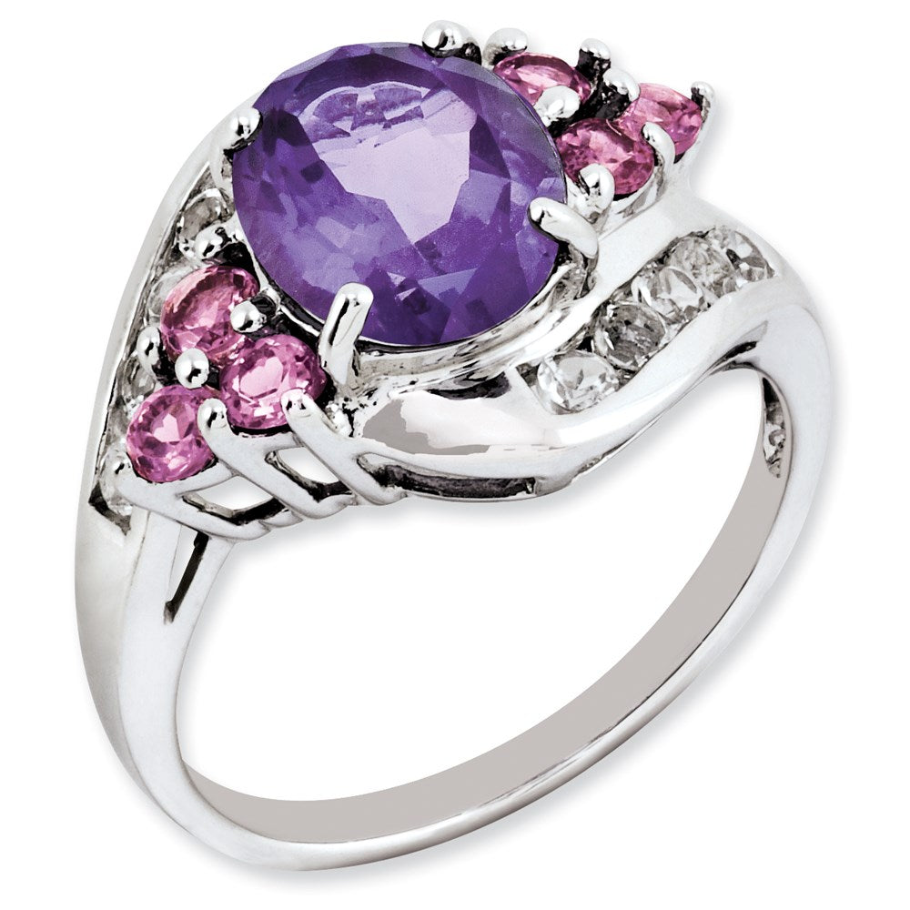 Sterling Silver Amethyst & Pink Tourmaline & White Topaz Ring