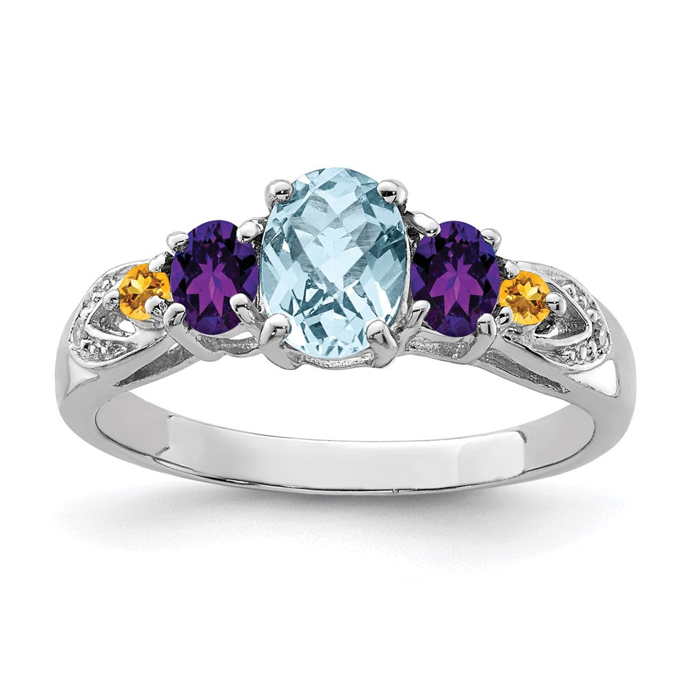 Sterling Silver Rhodium Lght Sw Blue Topaz, Amthyst, Citrine & Diamond Ring