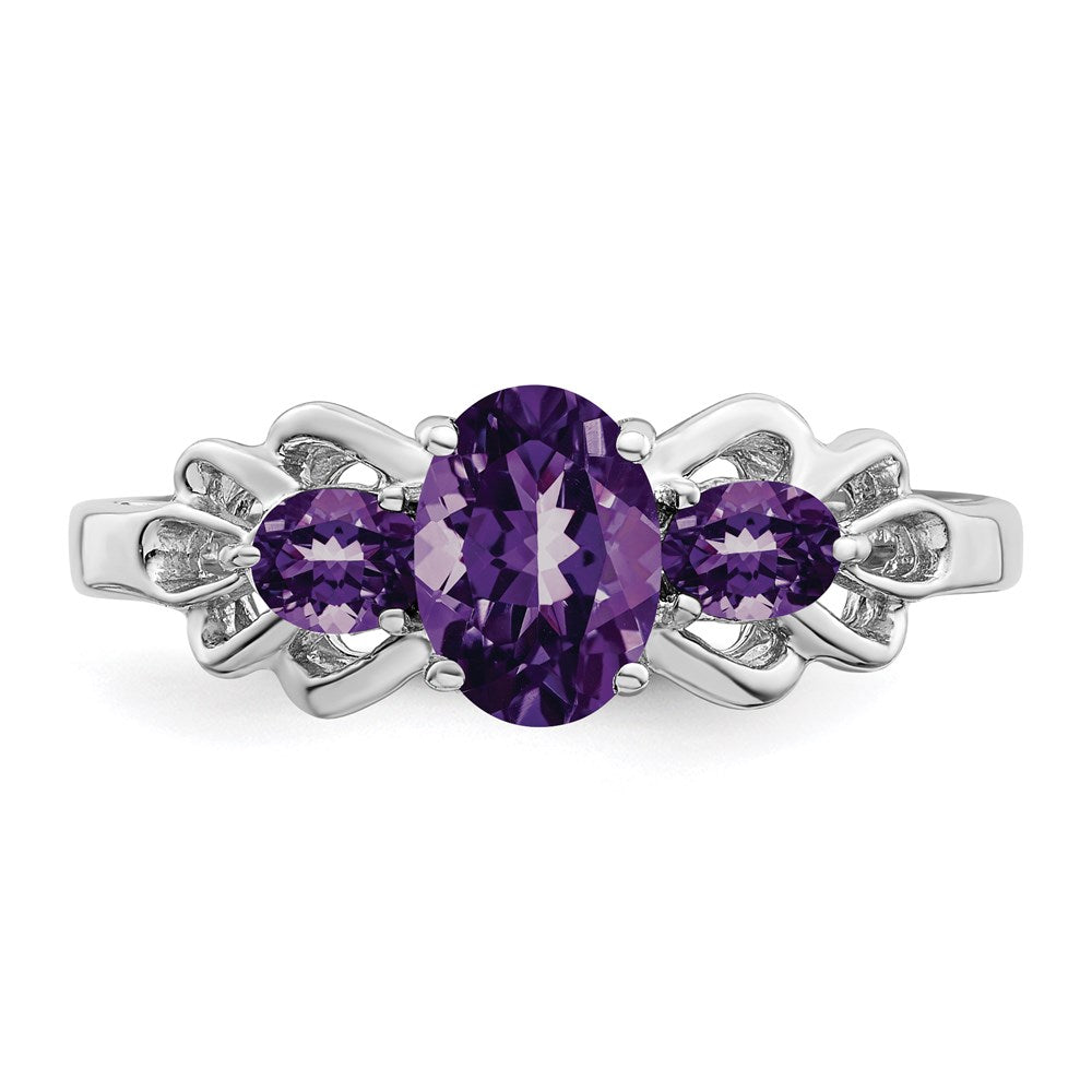 Sterling Silver Rhodium Plated Oval Amethyst Ring