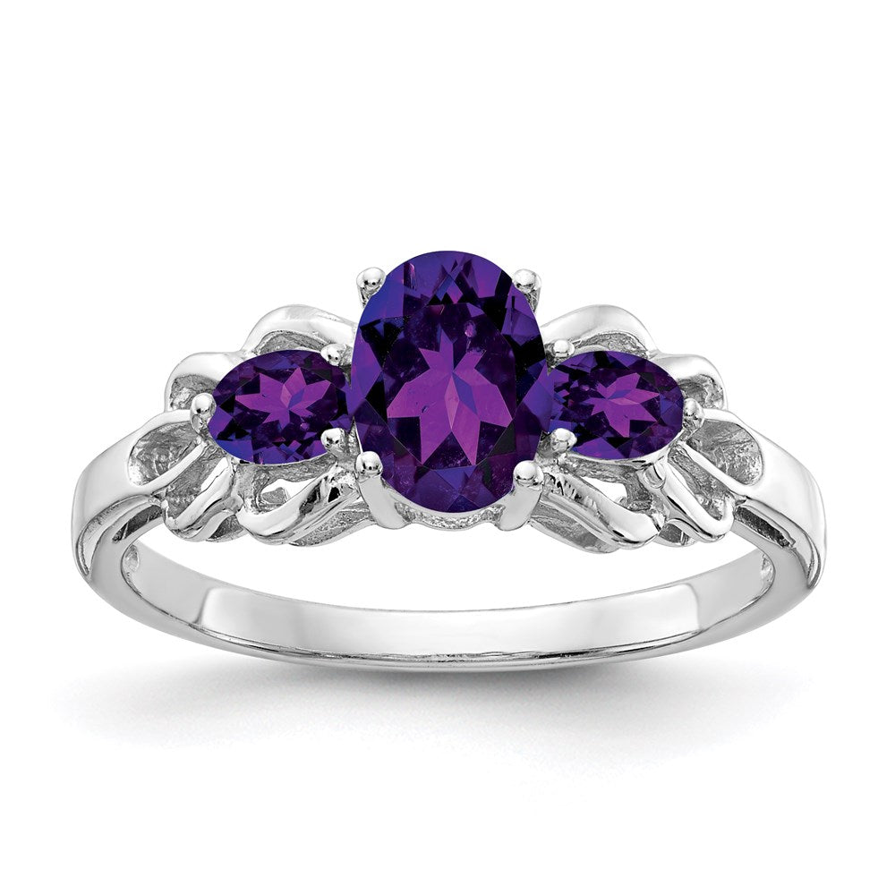 Sterling Silver Rhodium Plated Oval Amethyst Ring