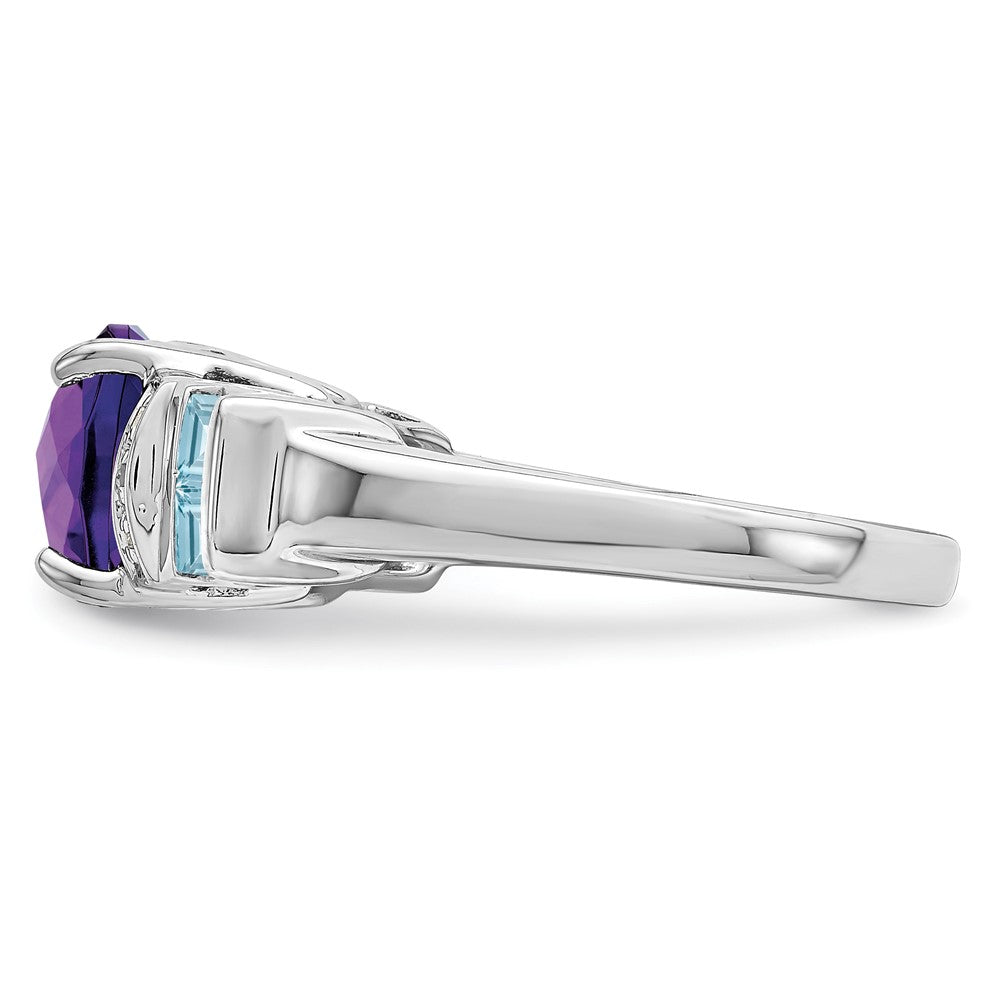 Sterling Silver Rhodium Amethyst, Light Swiss Blue Topaz & Diamond Ring