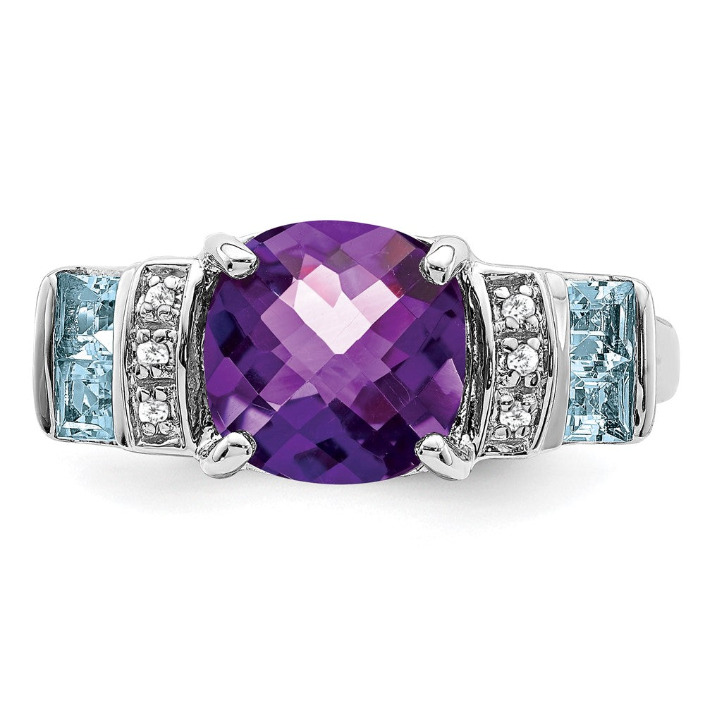 Sterling Silver Rhodium Amethyst, Light Swiss Blue Topaz & Diamond Ring