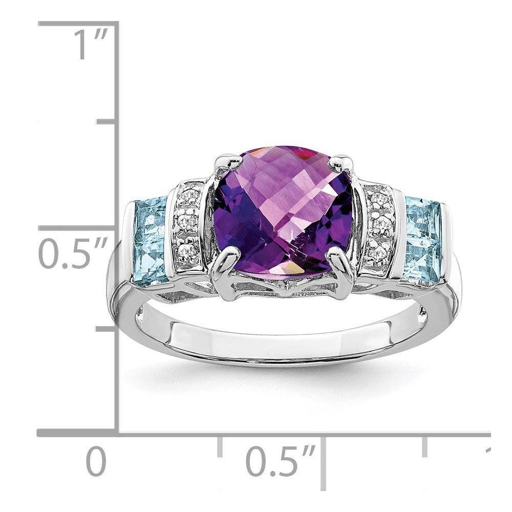 Sterling Silver Rhodium Amethyst, Light Swiss Blue Topaz & Diamond Ring