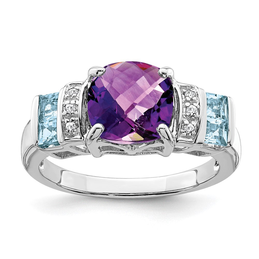 Sterling Silver Rhodium Amethyst, Light Swiss Blue Topaz & Diamond Ring