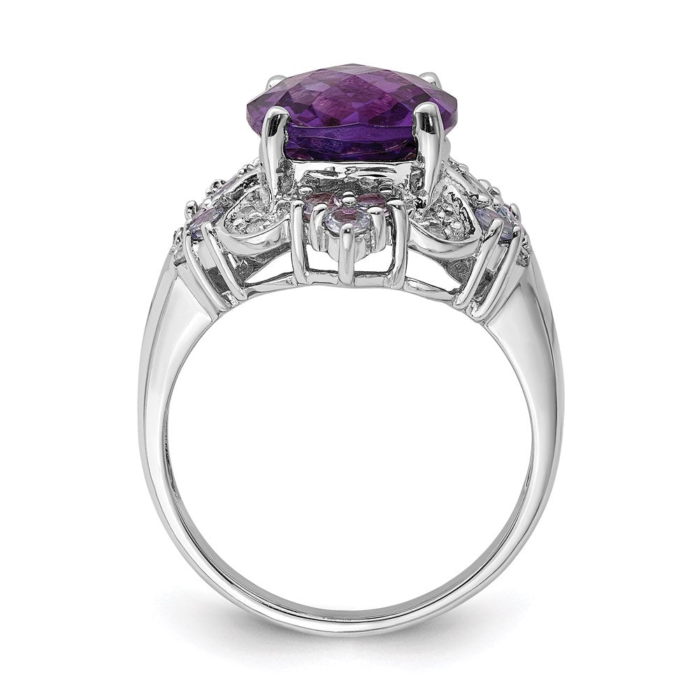 Sterling Silver Rhodium-plated Amethyst, Tanzanite & Diamond Ring