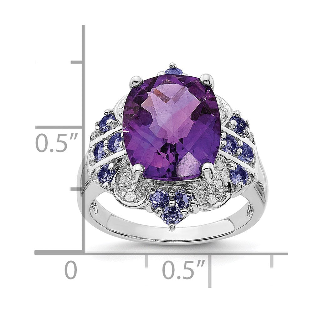 Sterling Silver Rhodium-plated Amethyst, Tanzanite & Diamond Ring