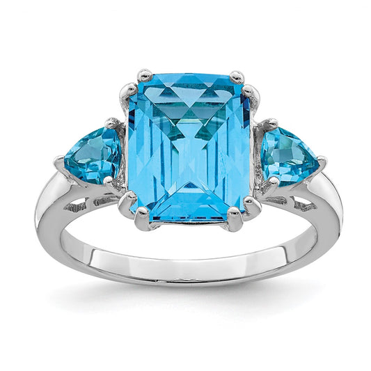 Sterling Silver Rhodium Checker-Cut Blue Topaz Ring