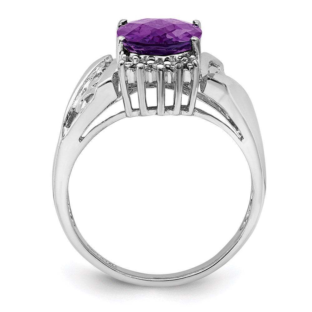 Sterling Silver Rhodium-plated Checker-Cut Amethyst & Diamond Ring