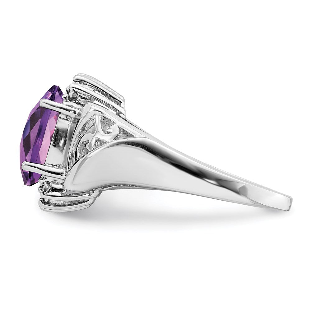 Sterling Silver Rhodium Checker-Cut Amethyst & Oval Diamond Gemstone Birthstone Ring Fine Jewelry Gift for Her