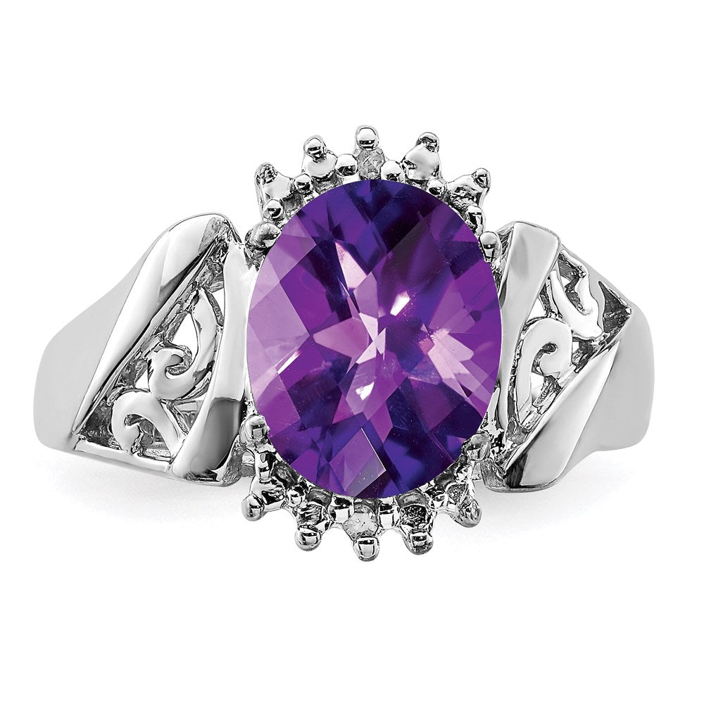 Sterling Silver Rhodium Checker-Cut Amethyst & Oval Diamond Gemstone Birthstone Ring Fine Jewelry Gift for Her