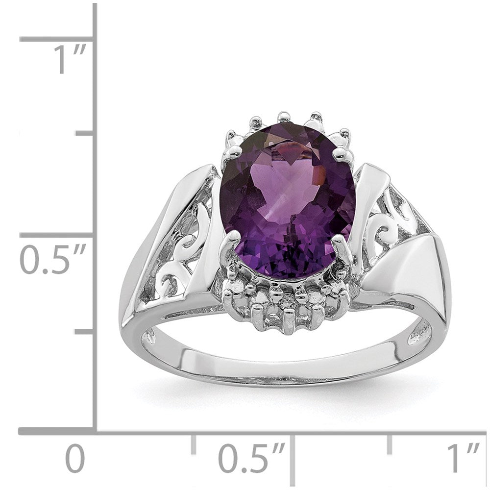 Sterling Silver Rhodium Checker-Cut Amethyst & Oval Diamond Gemstone Birthstone Ring Fine Jewelry Gift for Her