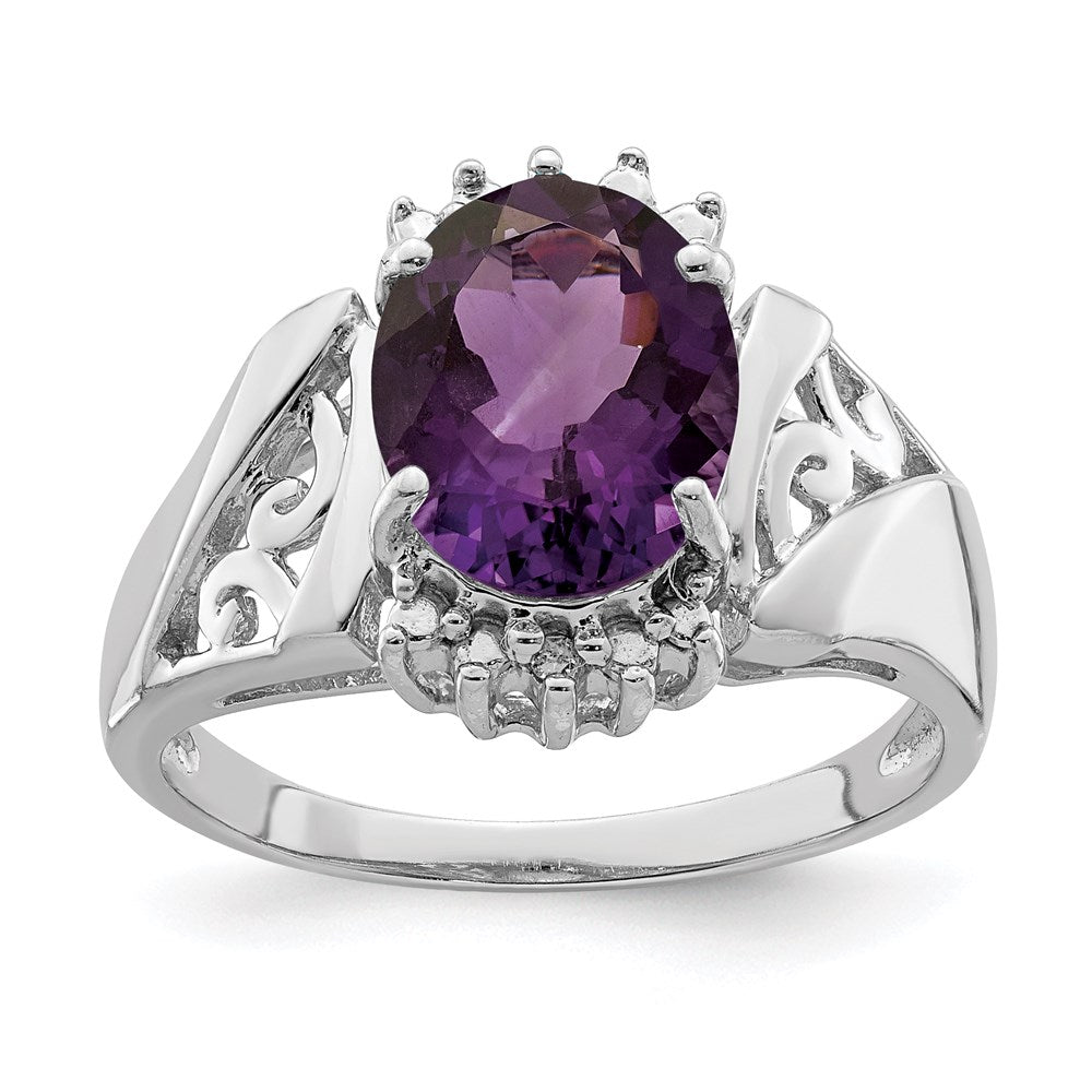 Sterling Silver Rhodium Checker-Cut Amethyst & Oval Diamond Gemstone Birthstone Ring Fine Jewelry Gift for Her