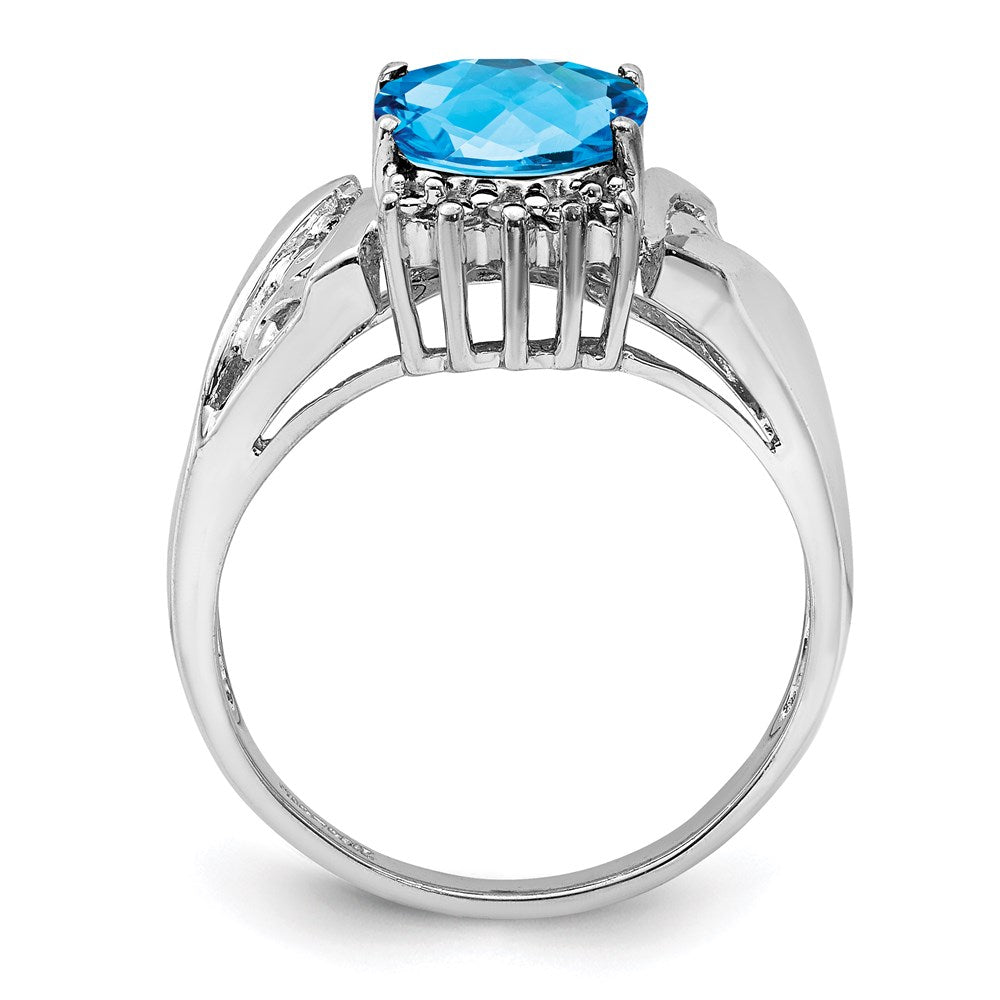 Sterling Silver Rhodium Checker-Cut Blue Topaz & Diamond Ring