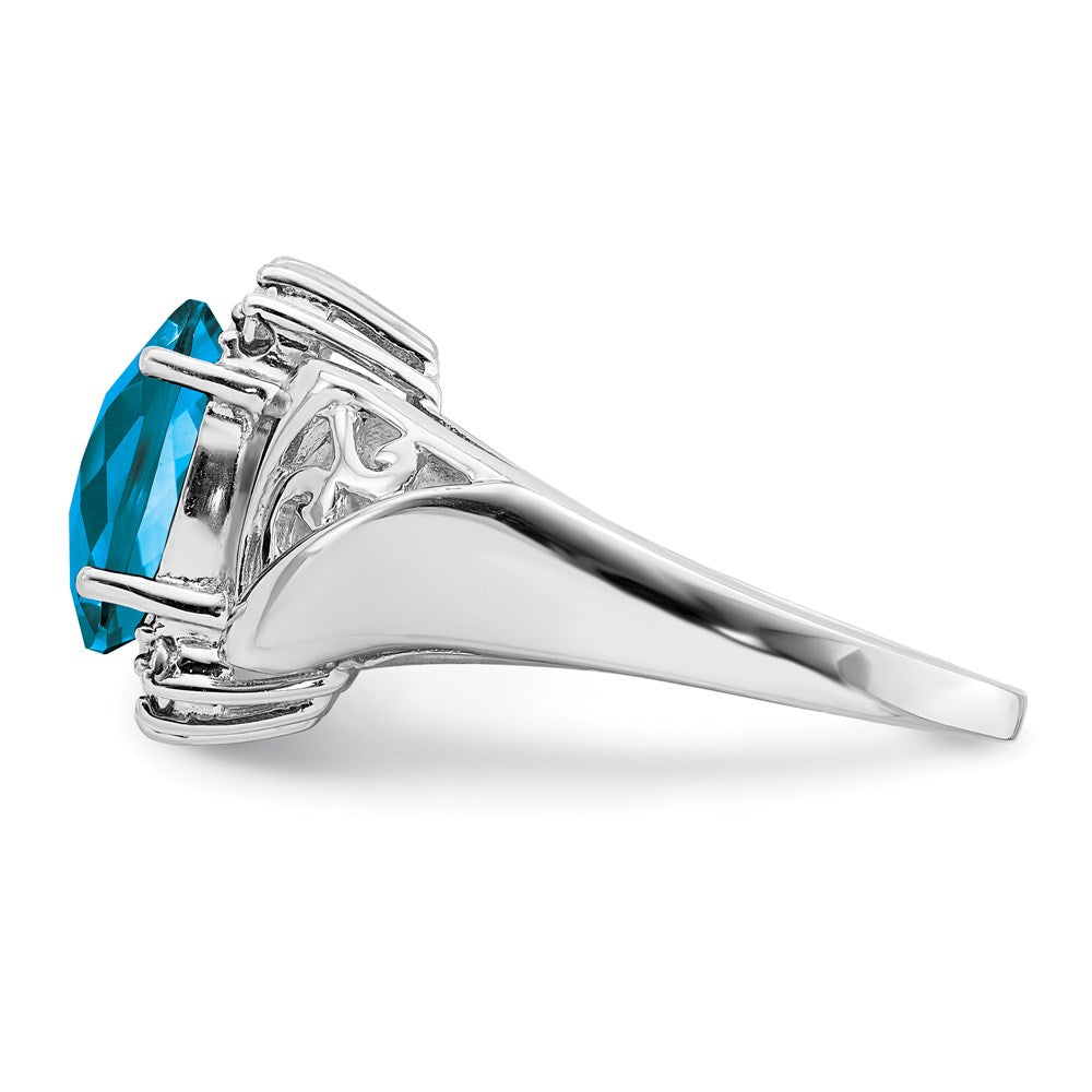 Sterling Silver Rhodium Checker-Cut Blue Topaz & Diamond Ring