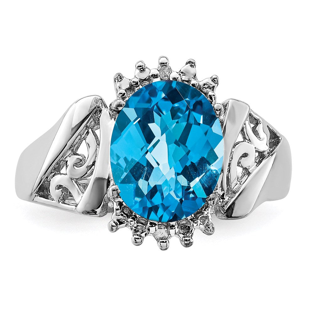 Sterling Silver Rhodium Checker-Cut Blue Topaz & Diamond Ring