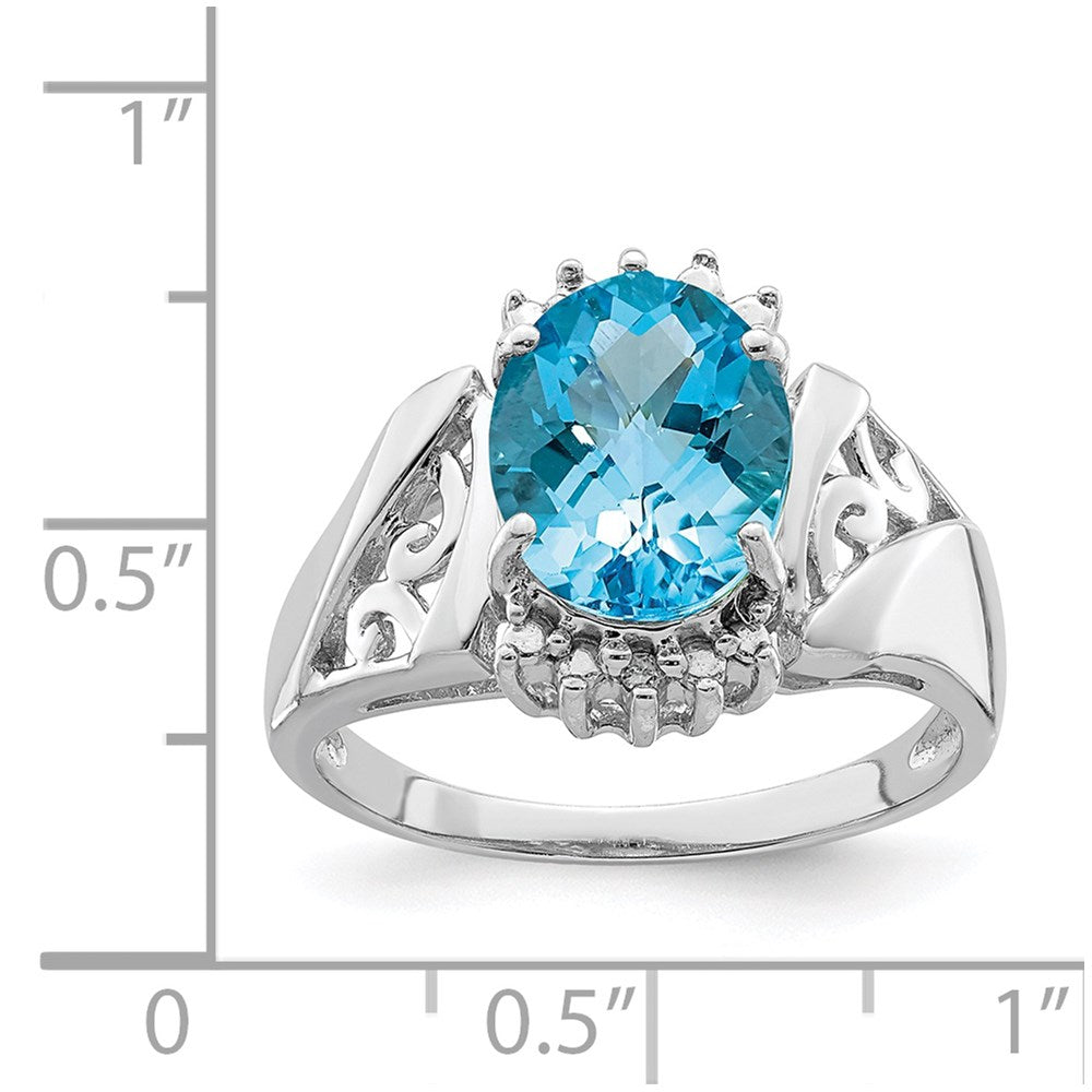 Sterling Silver Rhodium Checker-Cut Blue Topaz & Diamond Ring