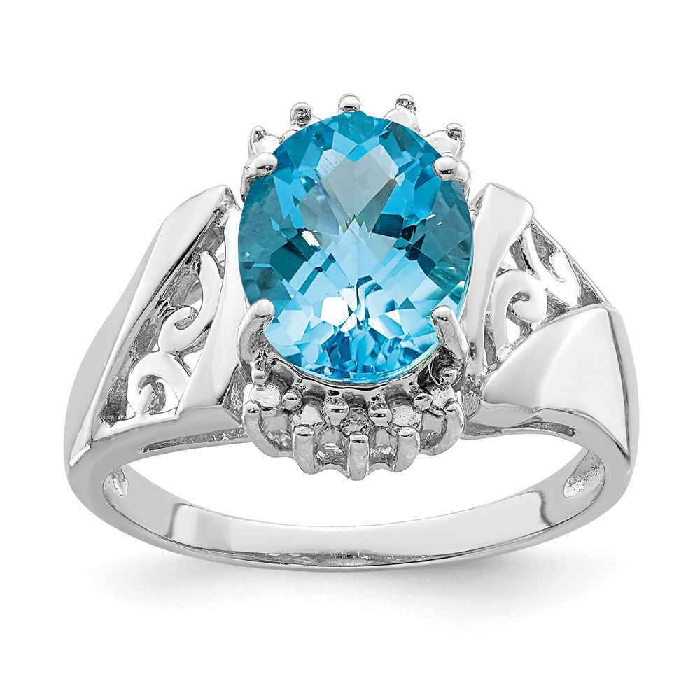 Sterling Silver Rhodium Checker-Cut Blue Topaz & Diamond Ring